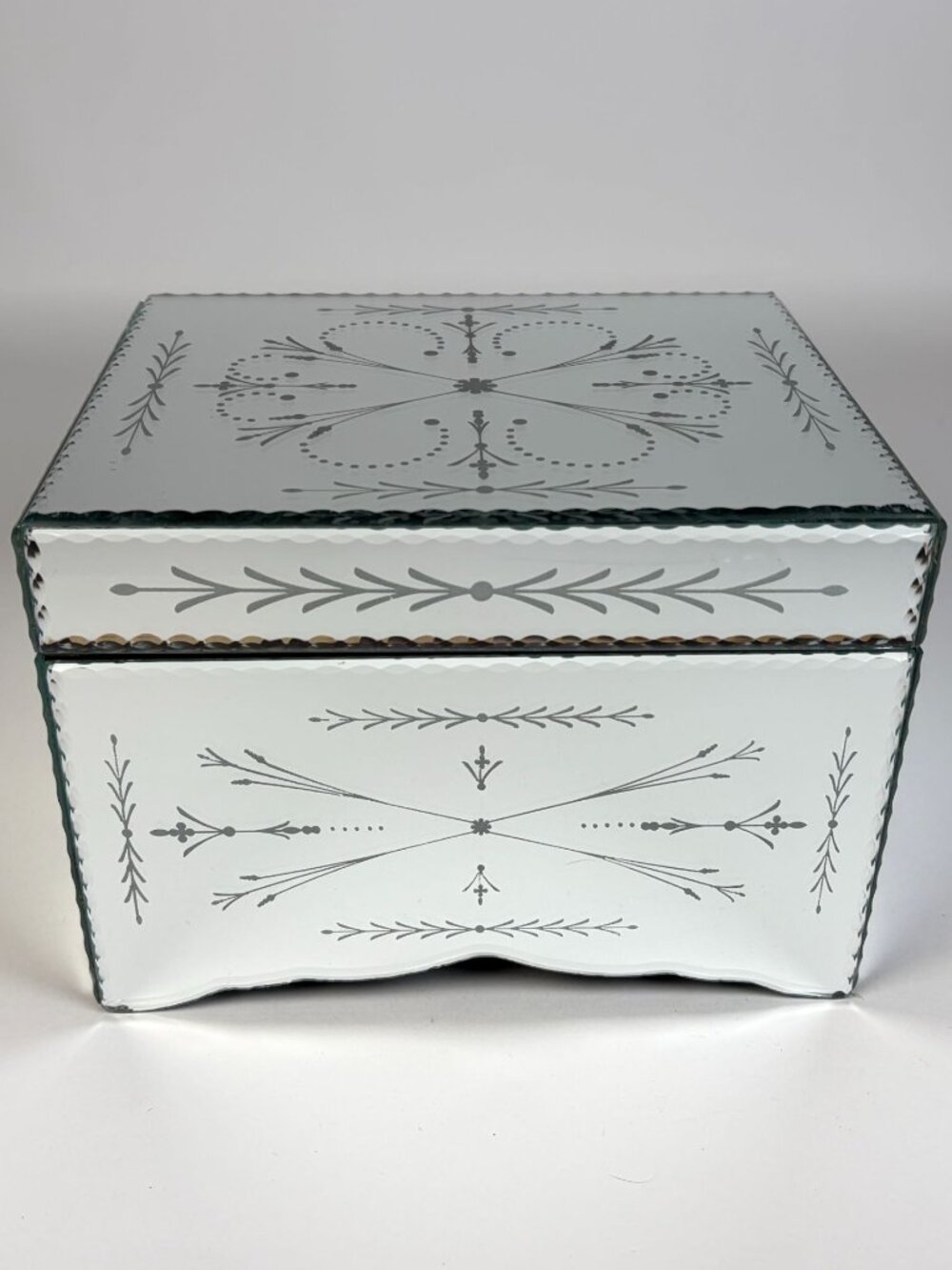 Etched Mirrored Glass Jewelry Box Black Velvet Lining Studio Silversmiths